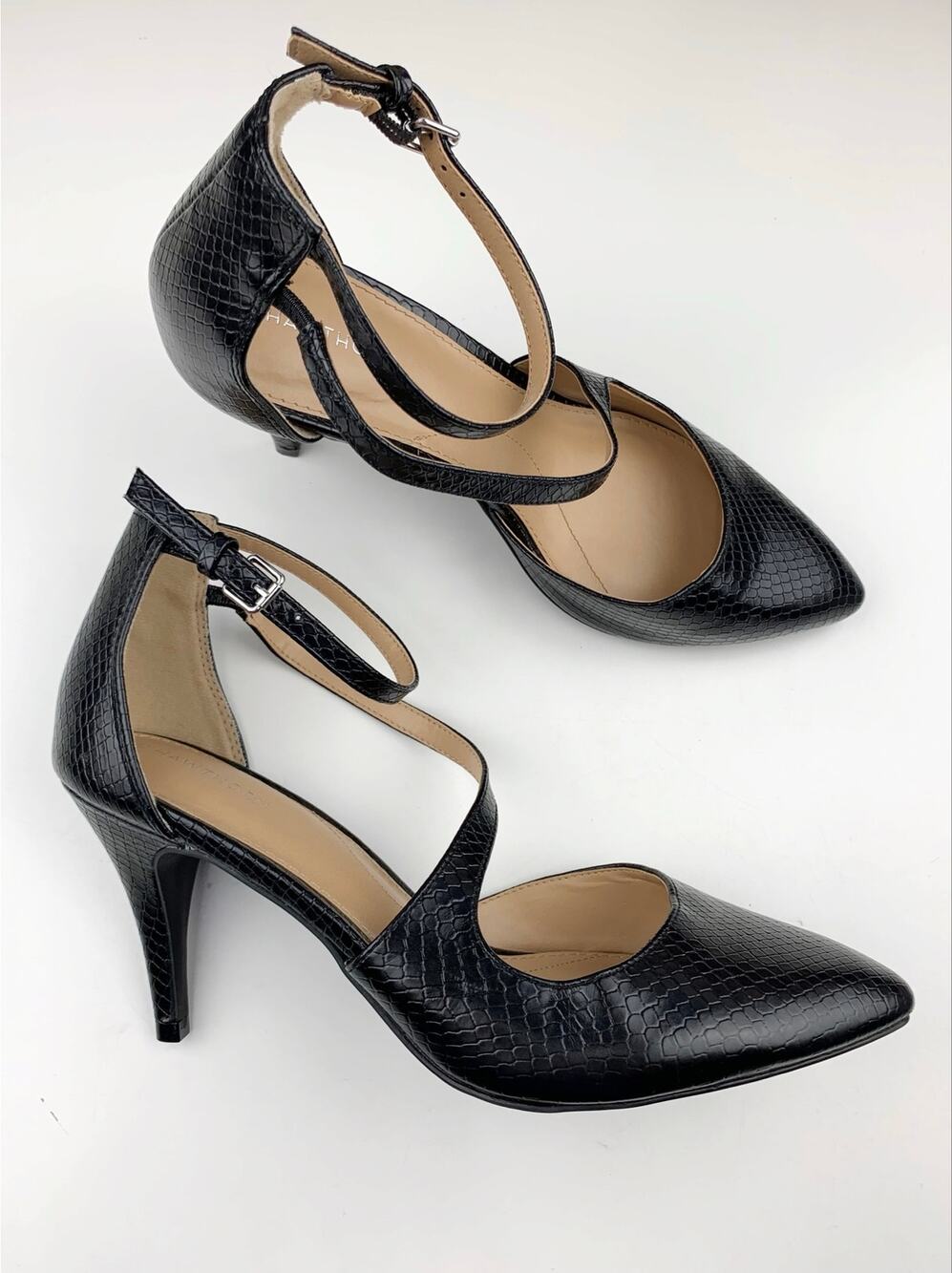 41 Hawthorn Cassie Strappy Pumps Black Faux Leather Heels Pointed Toe Women's 9